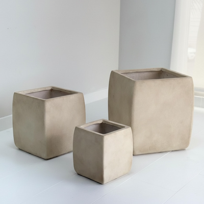 Cube Smooth Wash Beige Fiber Clay Planter