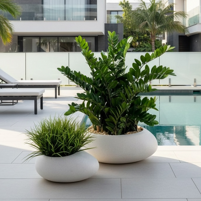 River Stone White Fiber Clay Planter
