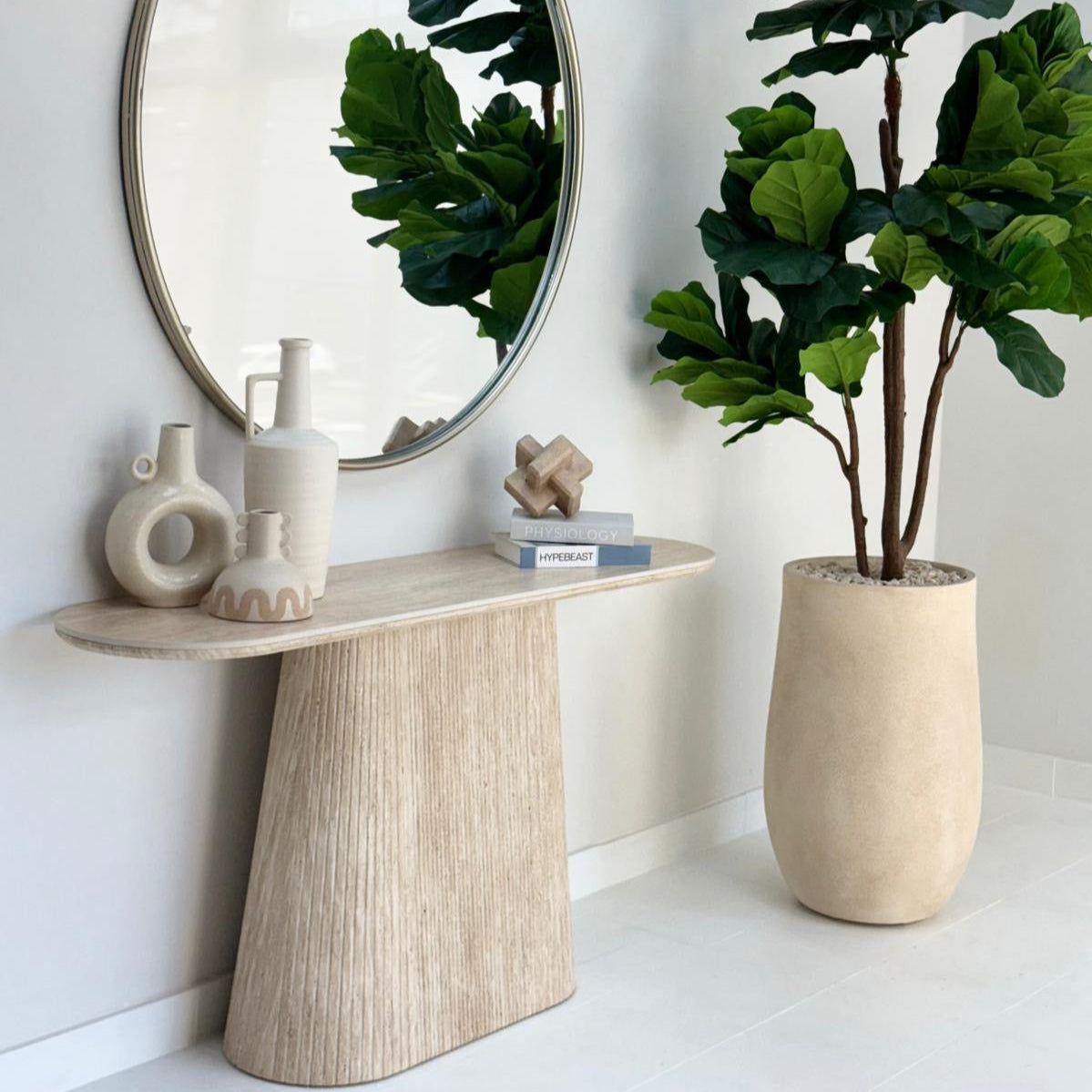 Faux Travertine Pedestal Console Table