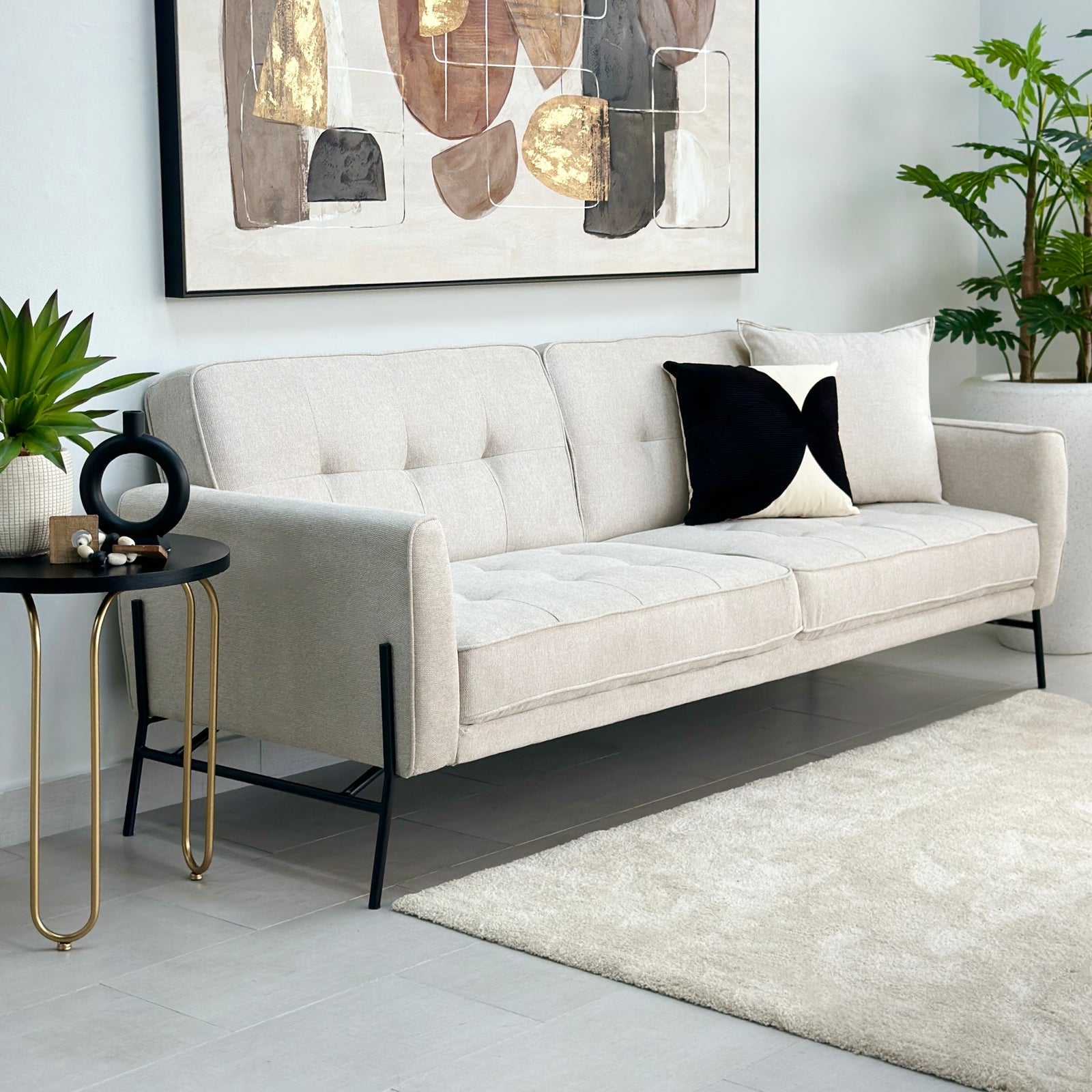 Mid-Century 3-Seater Twin Sleeper Ivory Sofa Bed