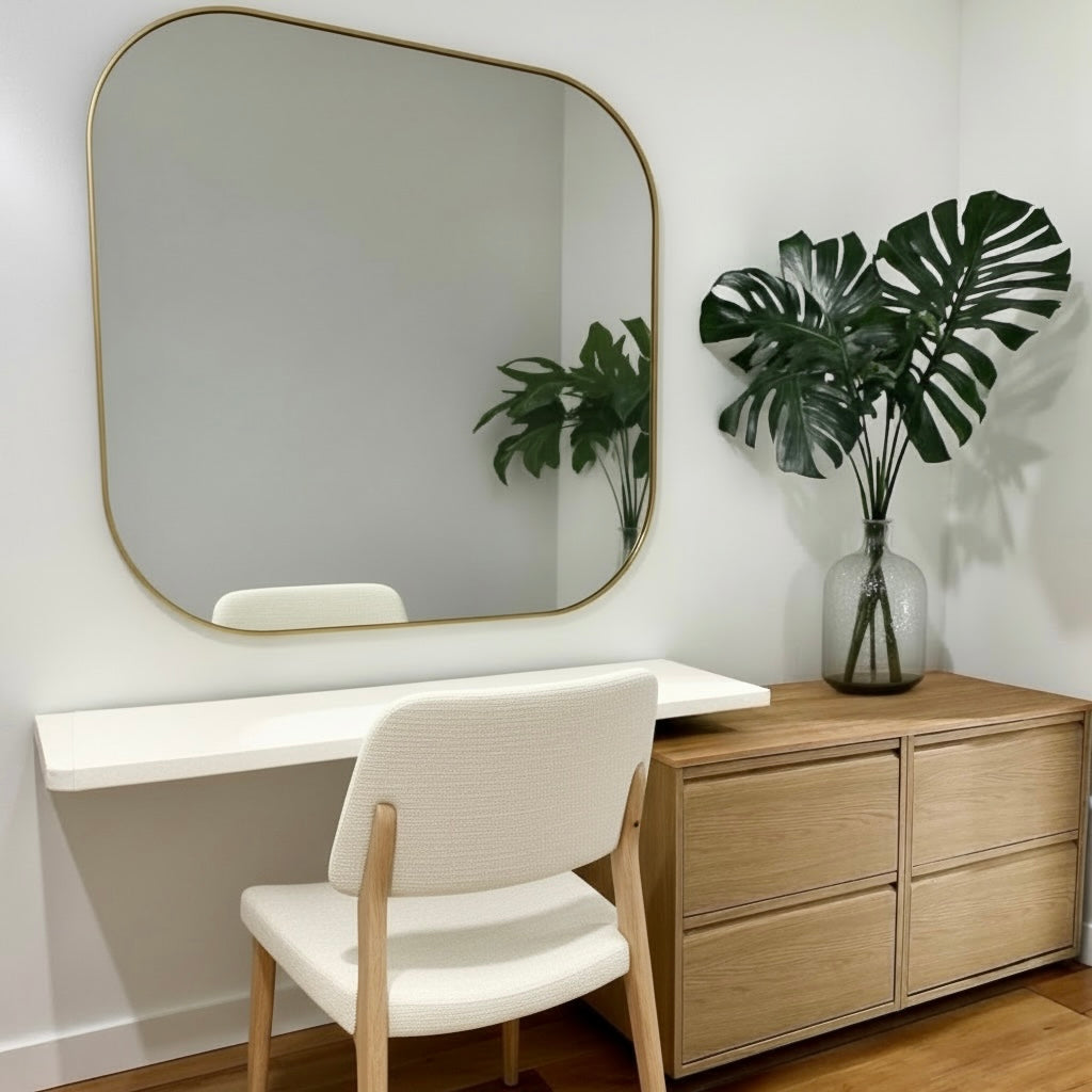 Rounded Corner Gold Metal Frame Mirror 48"