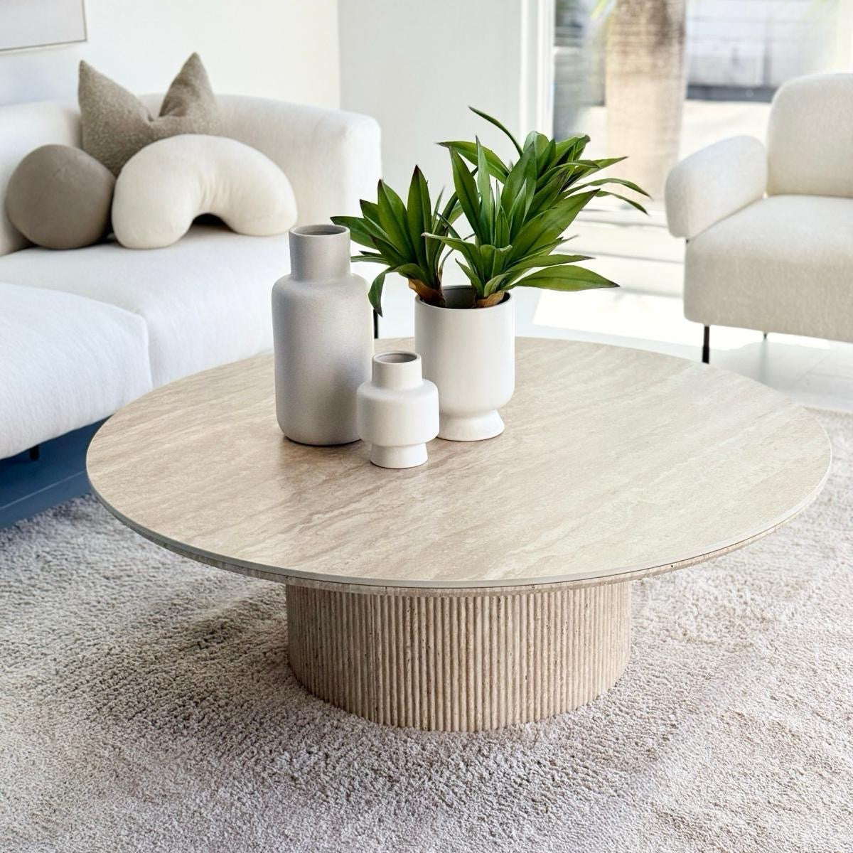 Faux Travertine Pillar Coffee Table Ceramic Top 48"