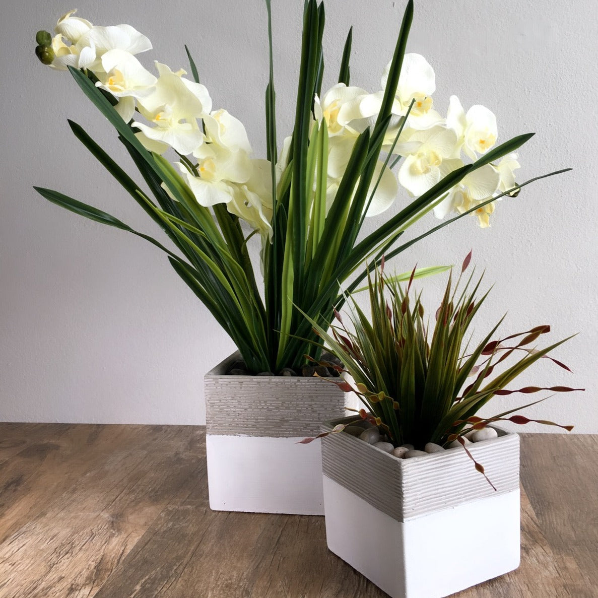 White Base Stripe Cement Vase