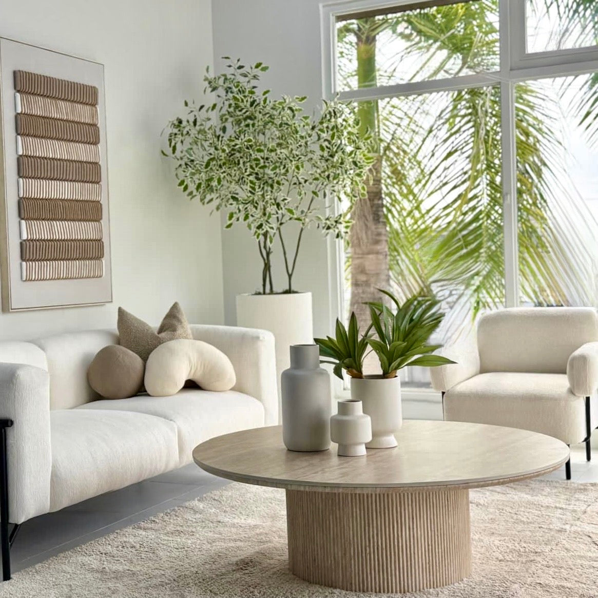 Faux Travertine Pillar Coffee Table Ceramic Top 48"