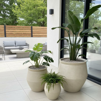 Barrel Smooth Wash Beige Finish Fiber Clay Planter