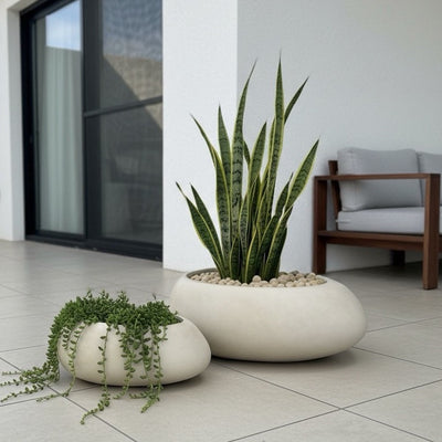 River Stone Wash Beige Fiber Clay Planter