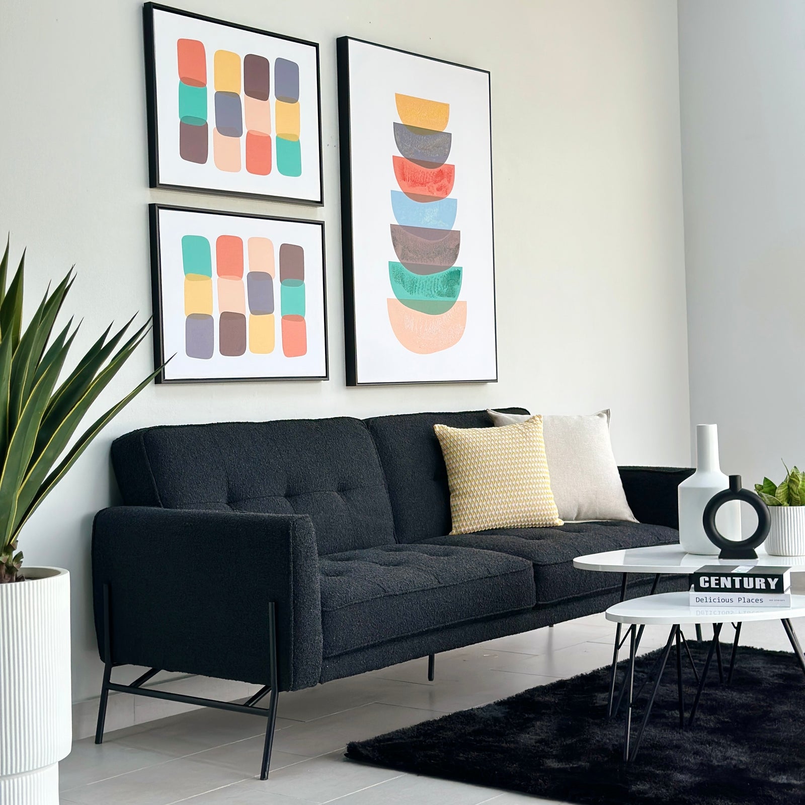 Mid-Century 3-Seater Twin Sleeper Black Sofa Bed