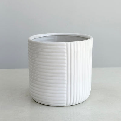 Ceramic White Round Pot With Abstract Lines