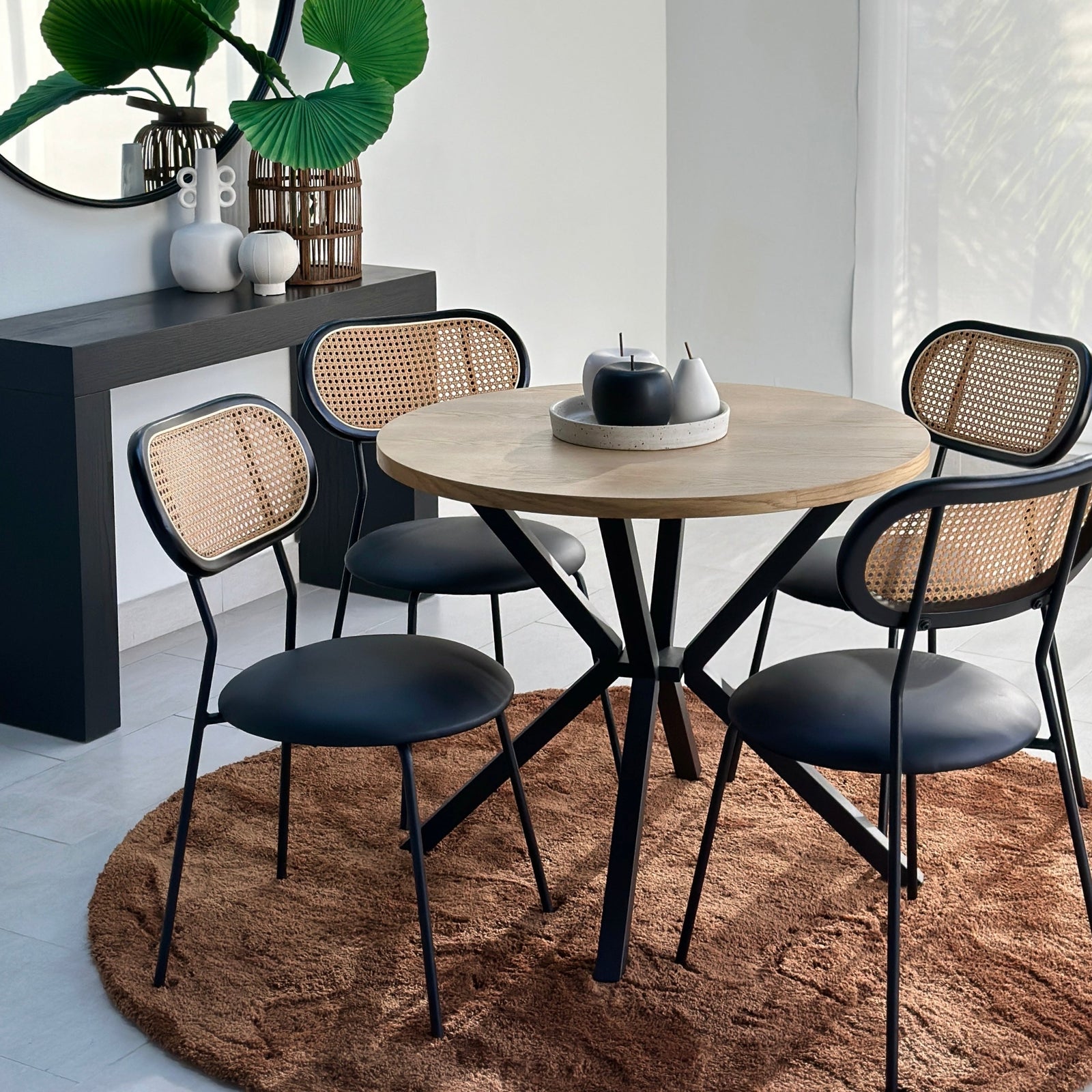 Retro Black Dining Chairs Rattan Back