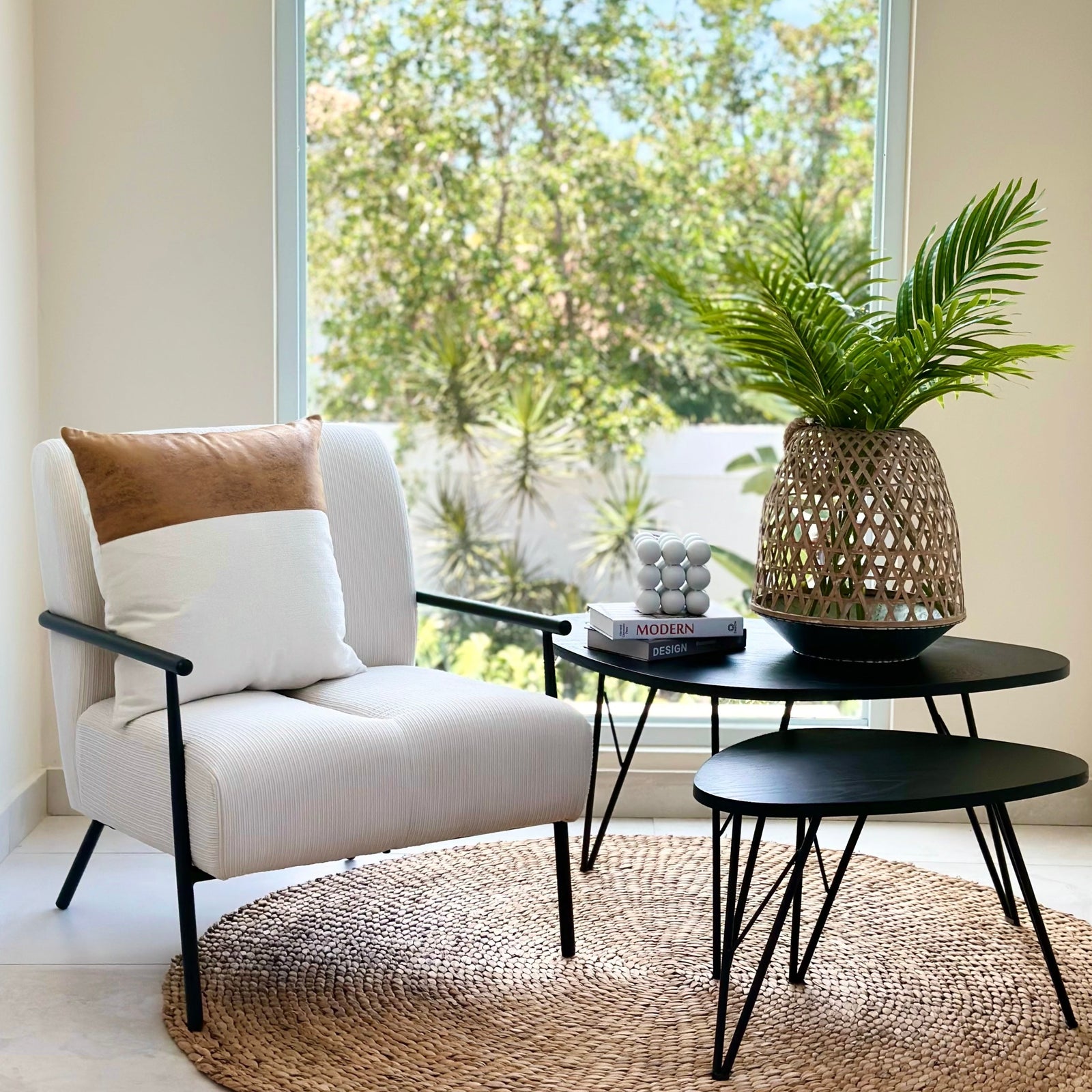 Moderna Lounge Chair Bone White Corduroy Fabric