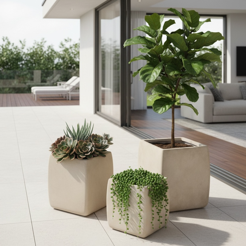 Cube Smooth Wash Beige Fiber Clay Planter