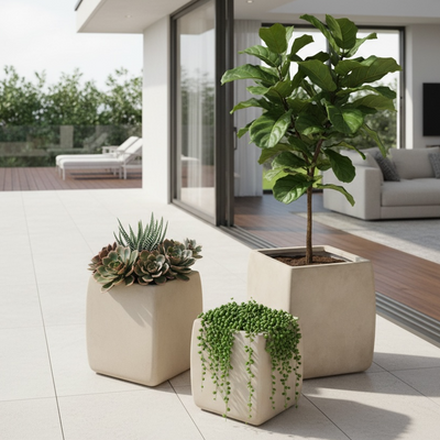 Cube Smooth Wash Beige Fiber Clay Planter