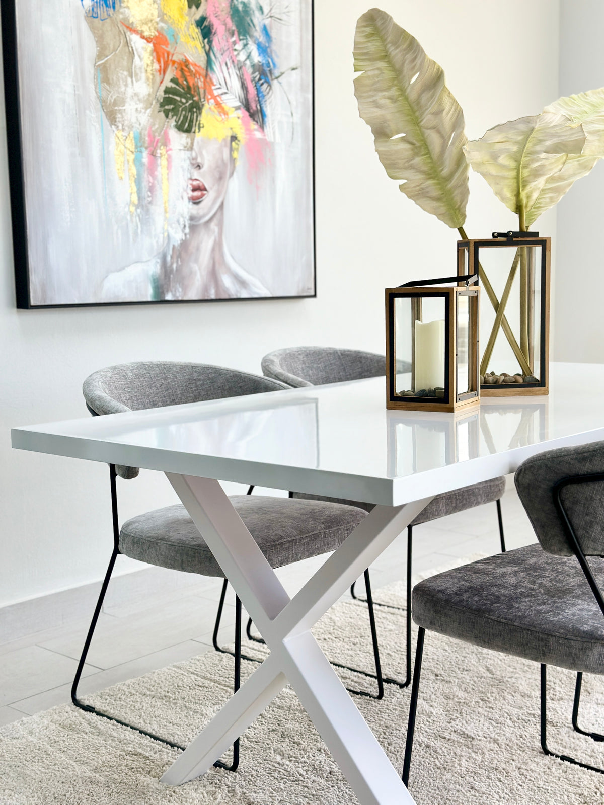 Criss Cross White Top White Legs Dining Table Set