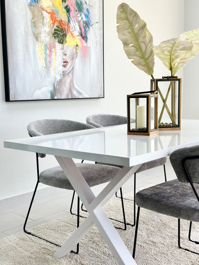 Criss Cross White Top White Legs Dining Table Set