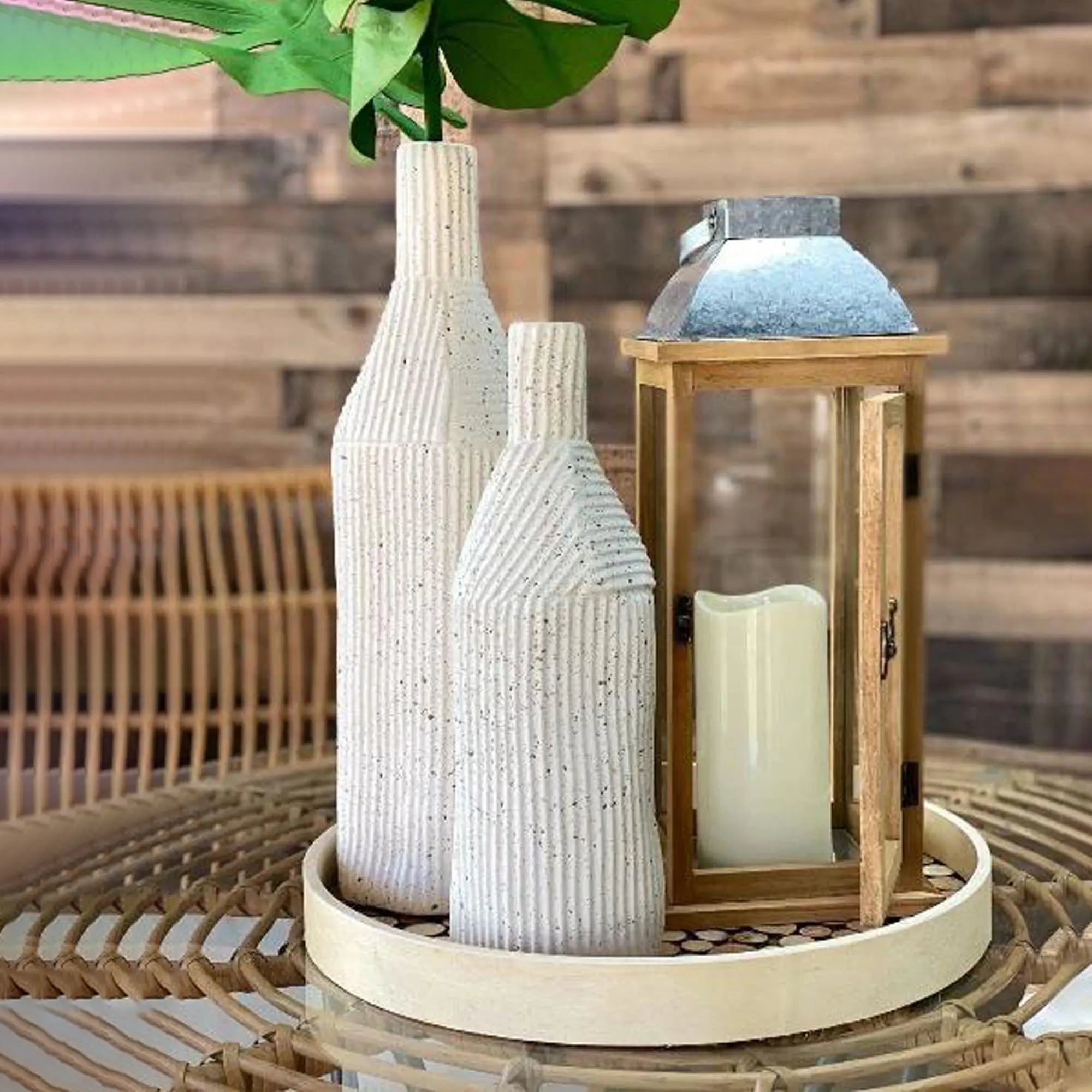 Large Ocre Wooden & Metallic Lantern