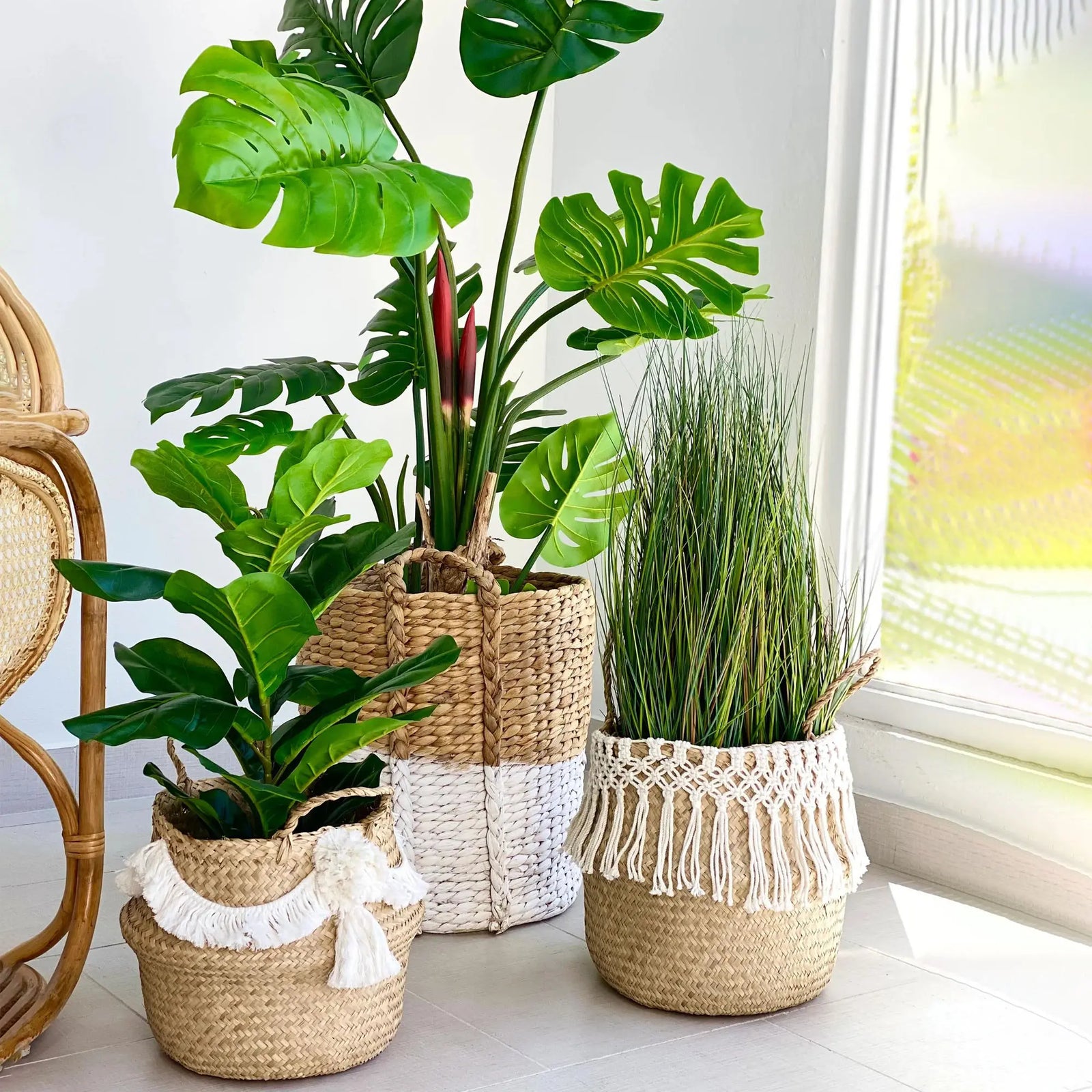 Stylish Seagrass Belly Basket With Macramé Decor