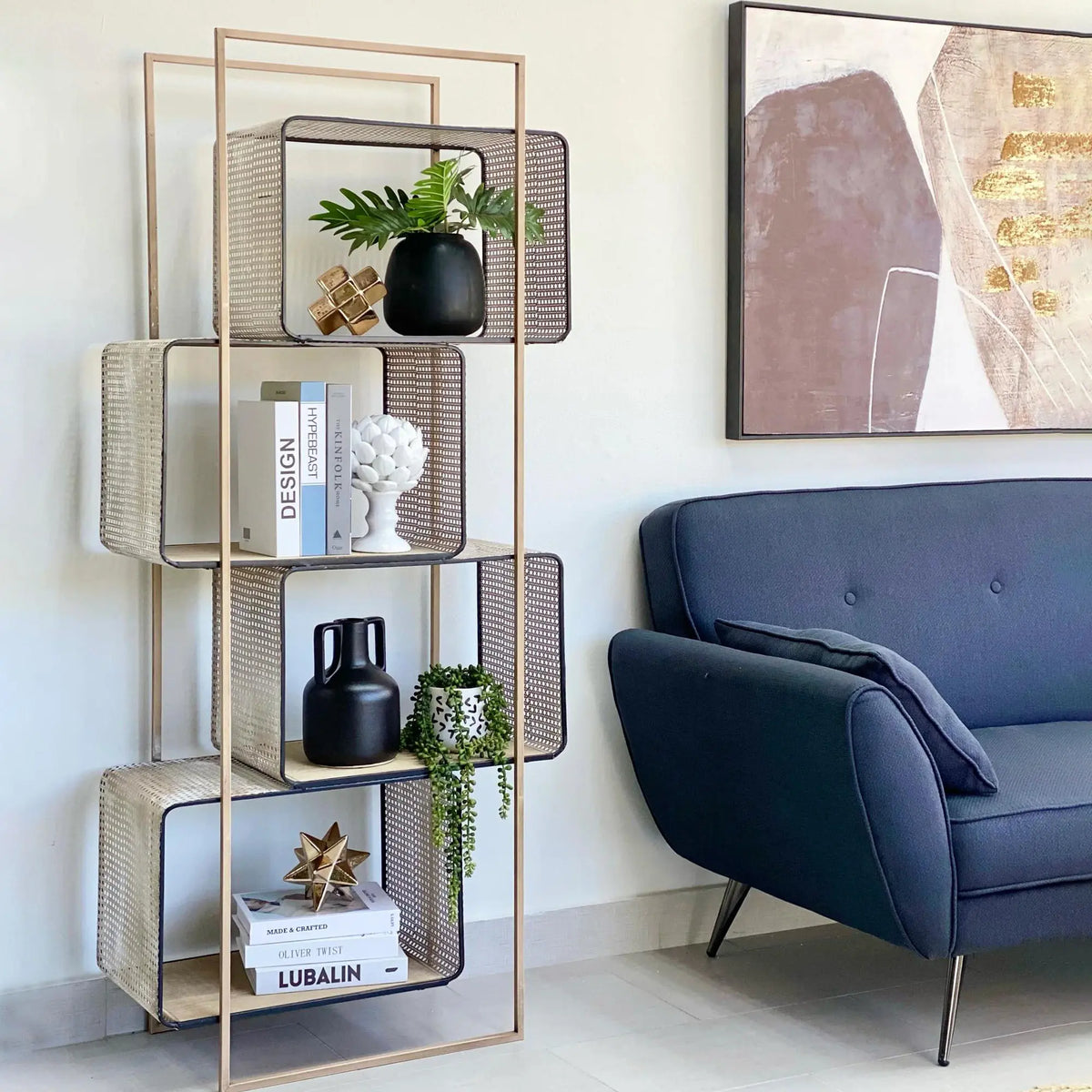 Wood and Metal Rattan Look Bookshelf