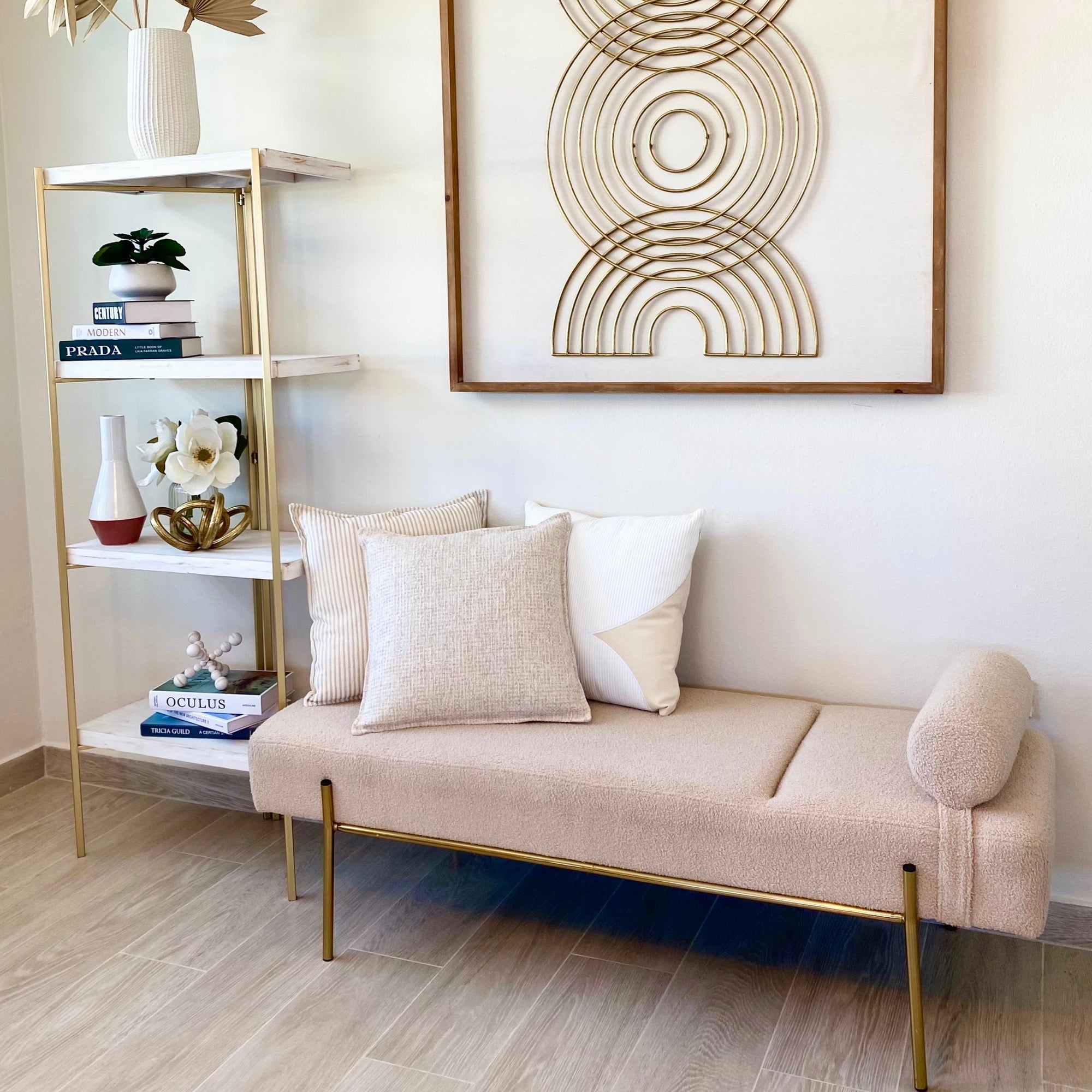Minimalist Sherpa Ivory Bench Golden Frame