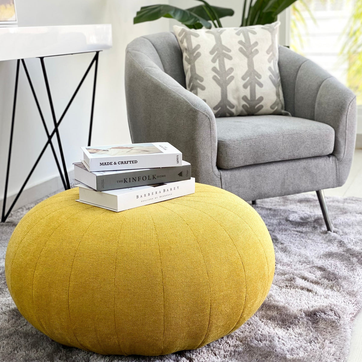Wide Round Big Pouf Yellow Ottoman