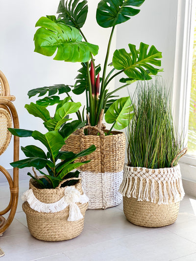 Stylish Seagrass Belly Basket With Macramé Decor
