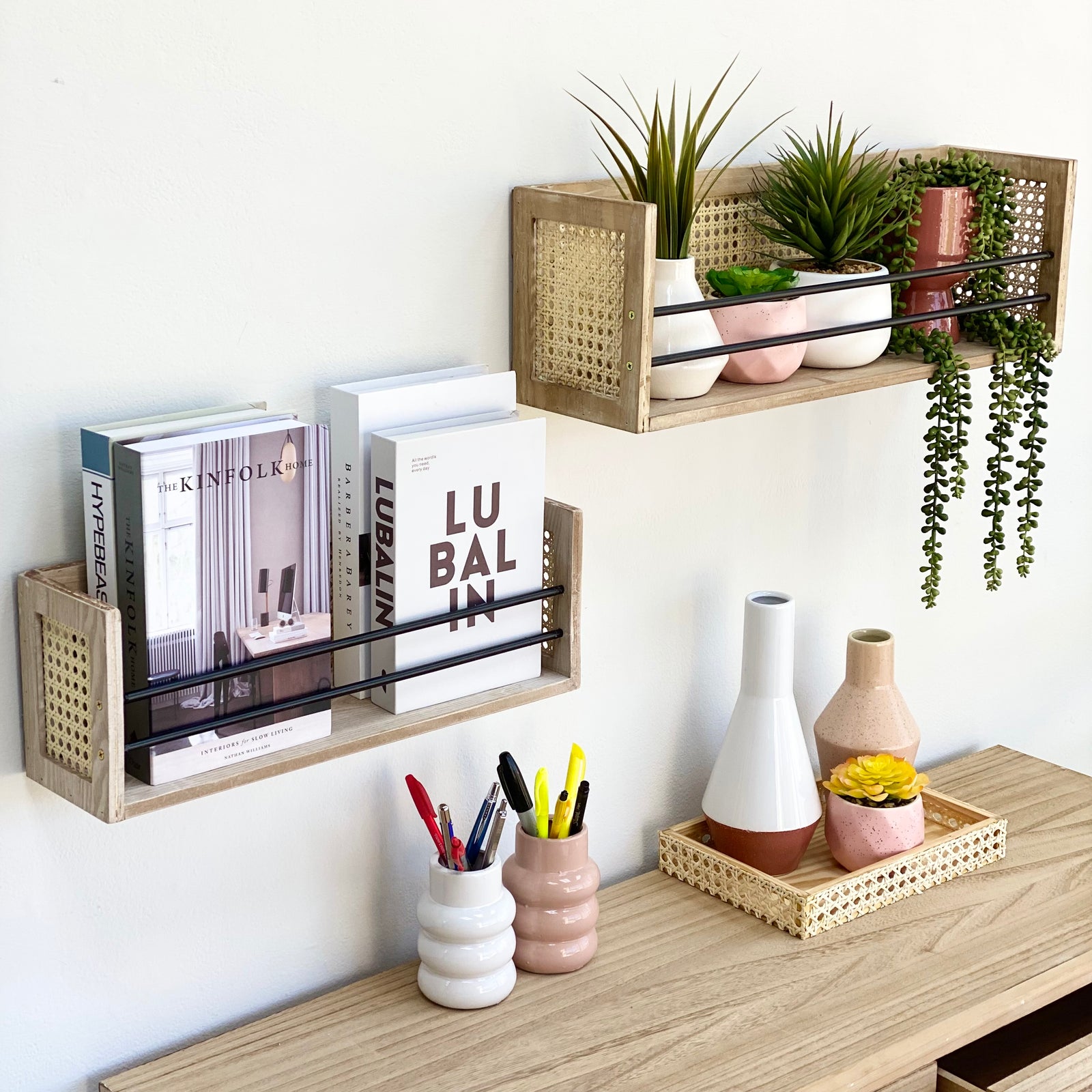 Rattan and Wood Handcrafted Shelves Set of Two