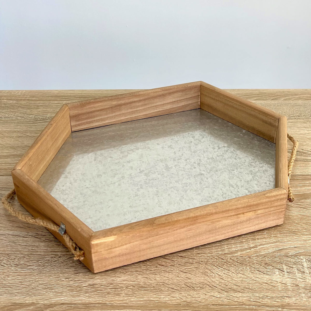 Hexagon Wooden Tray Metal Bottom