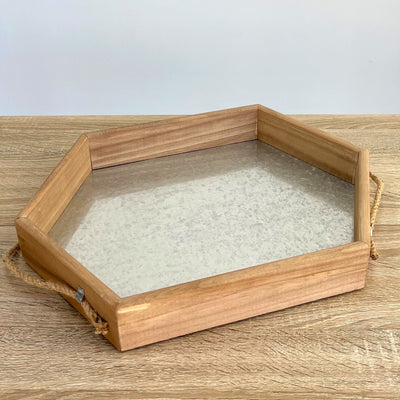 Hexagon Wooden Tray Metal Bottom