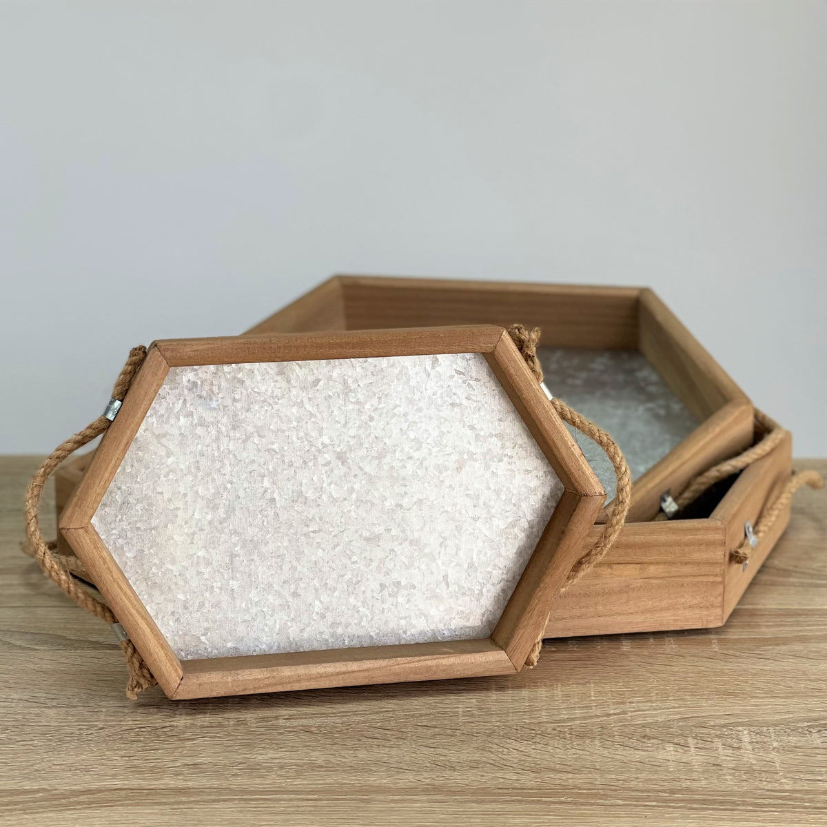 Hexagon Wooden Tray Metal Bottom