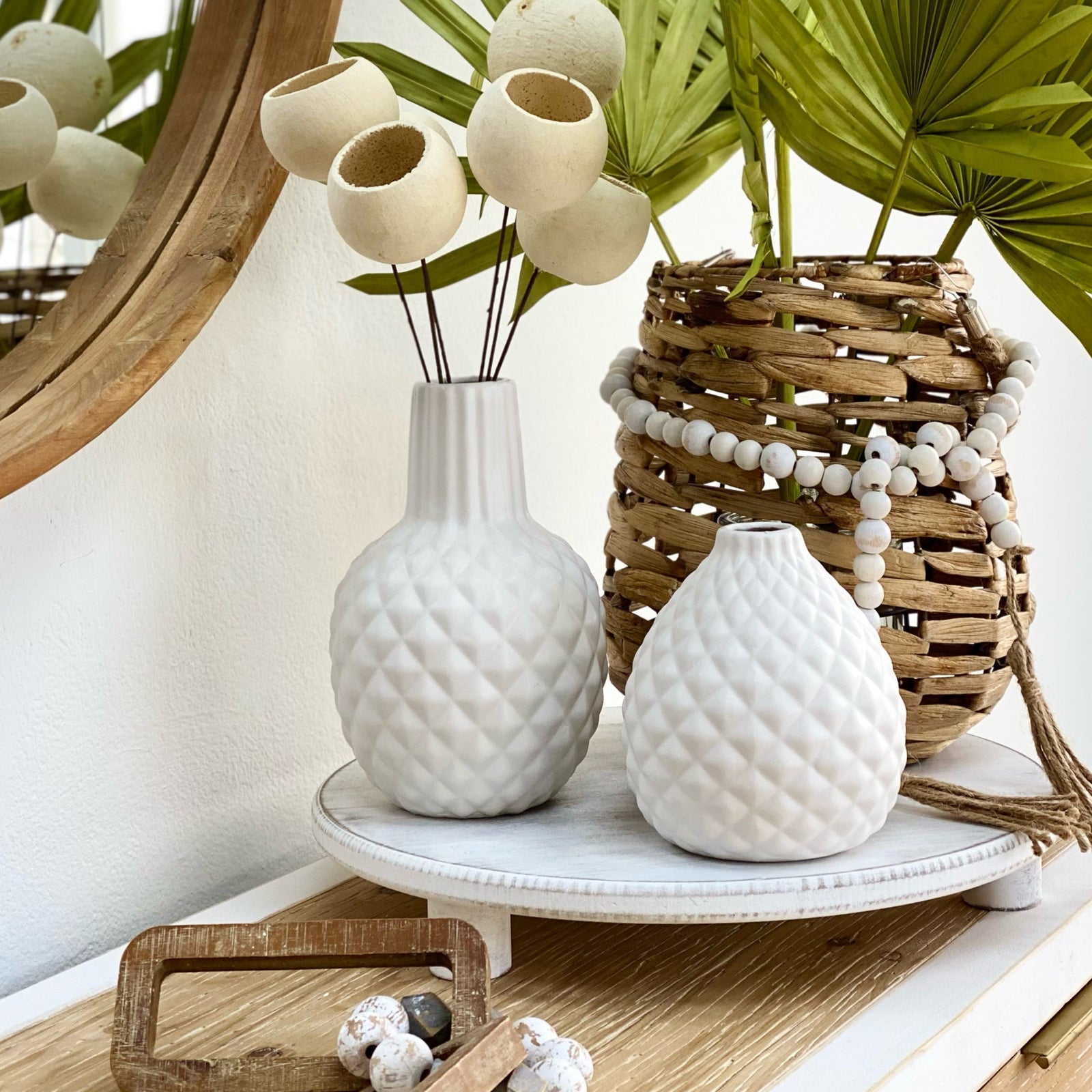 White Wash Round Wooden Tray With Legs