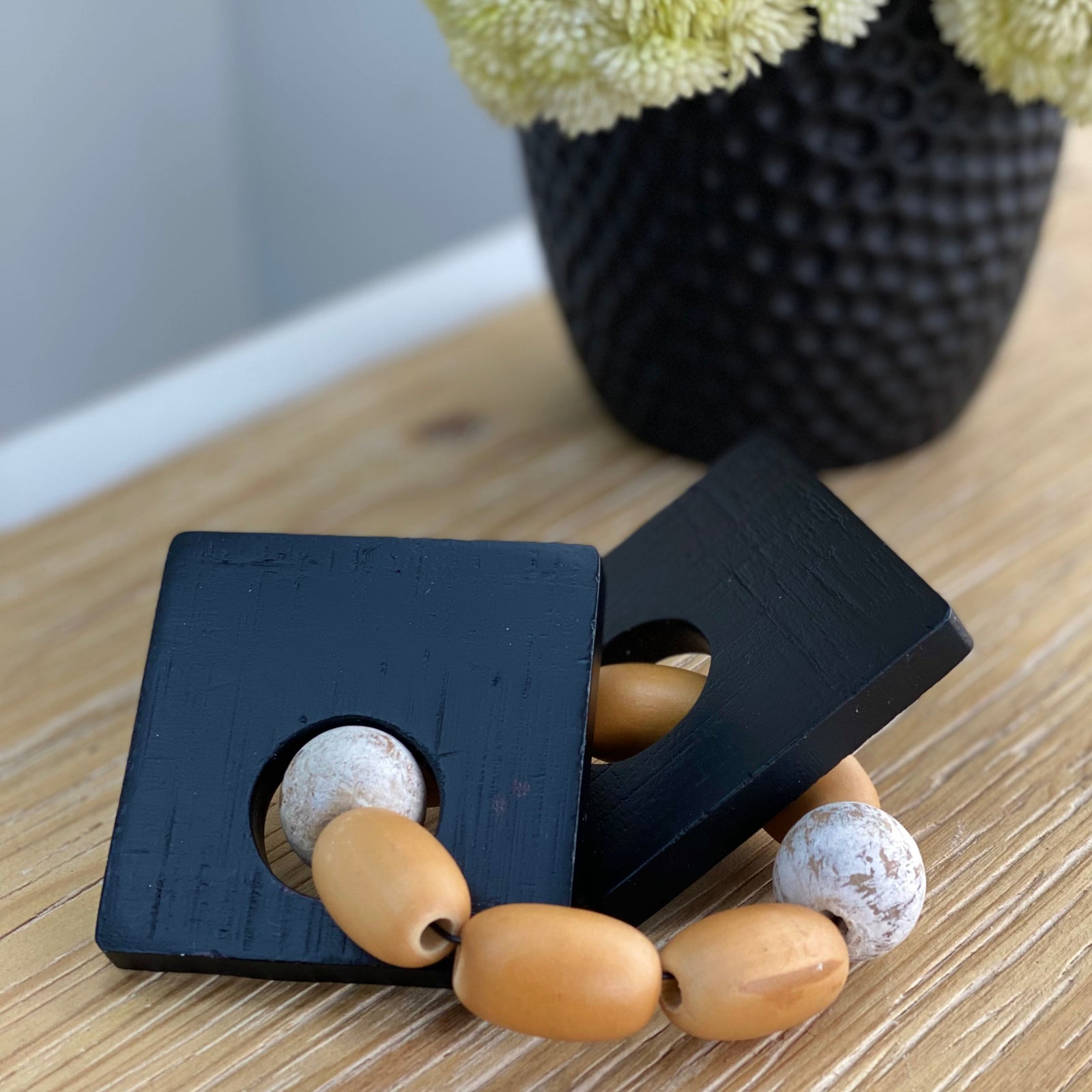 Wooden Square Black Links and Beads Decor