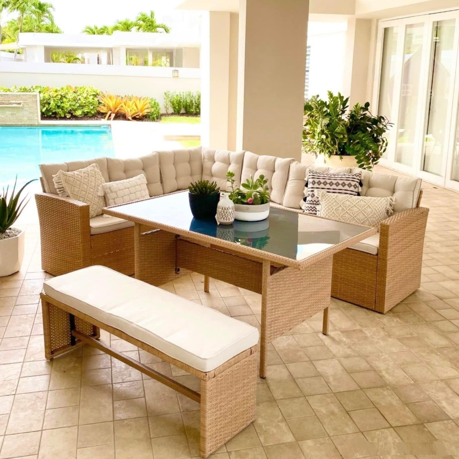 Jasmel Outdoor Rattan Chaise Sectional and Dinning Table With Bench