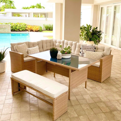 Jasmel Outdoor Rattan Chaise Sectional and Dinning Table With Bench