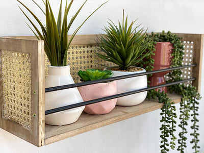 Rattan and Wood Handcrafted Shelves Set of Two
