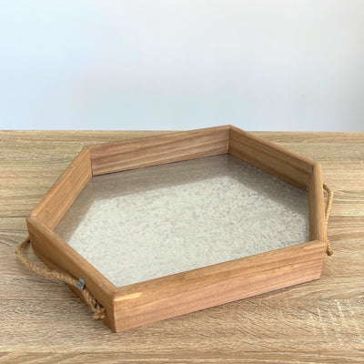 Hexagon Wooden Tray Metal Bottom