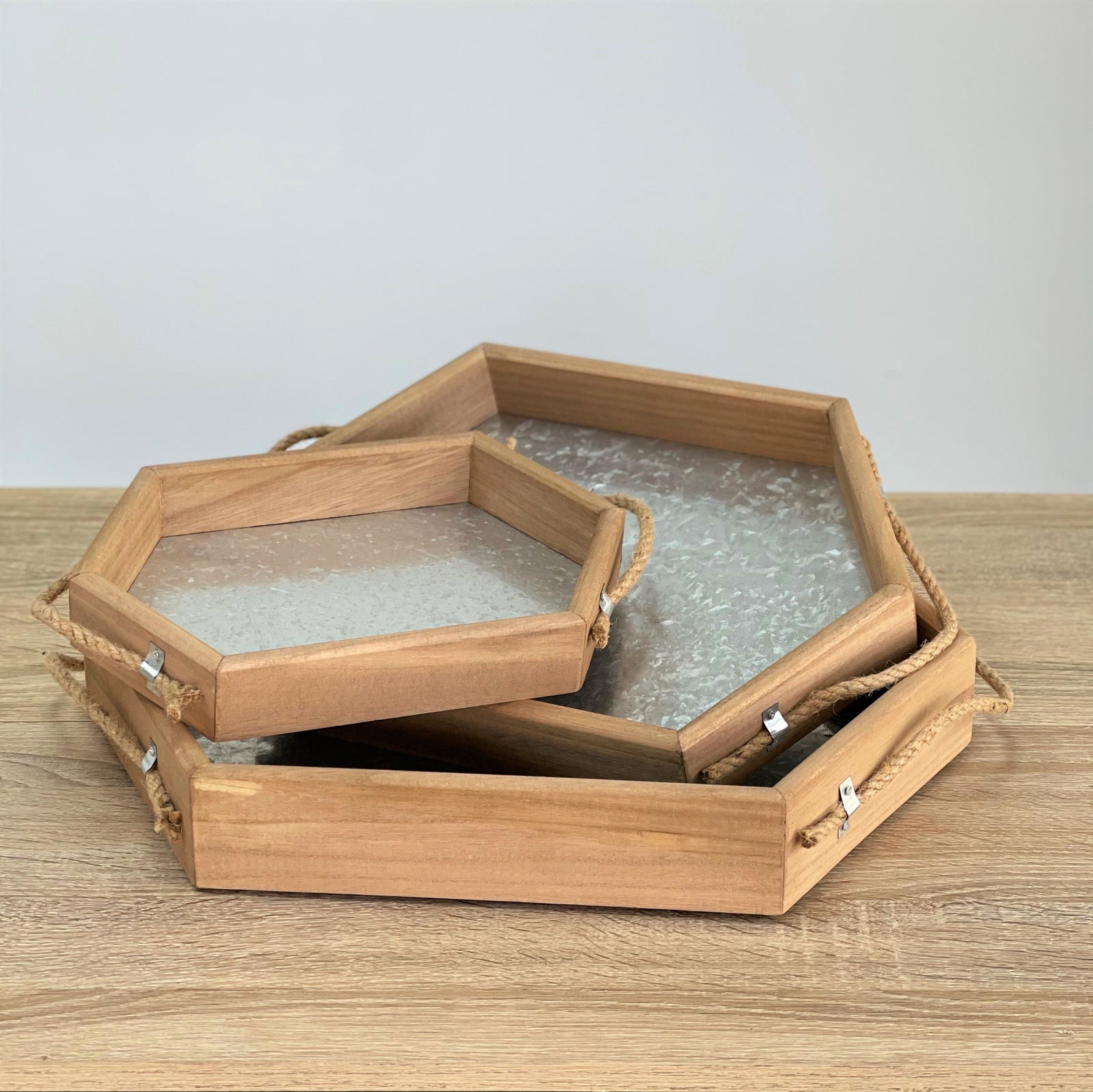 Hexagon Wooden Tray Metal Bottom
