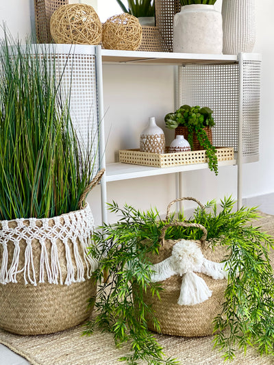 Stylish Seagrass Belly Basket With Macramé Decor