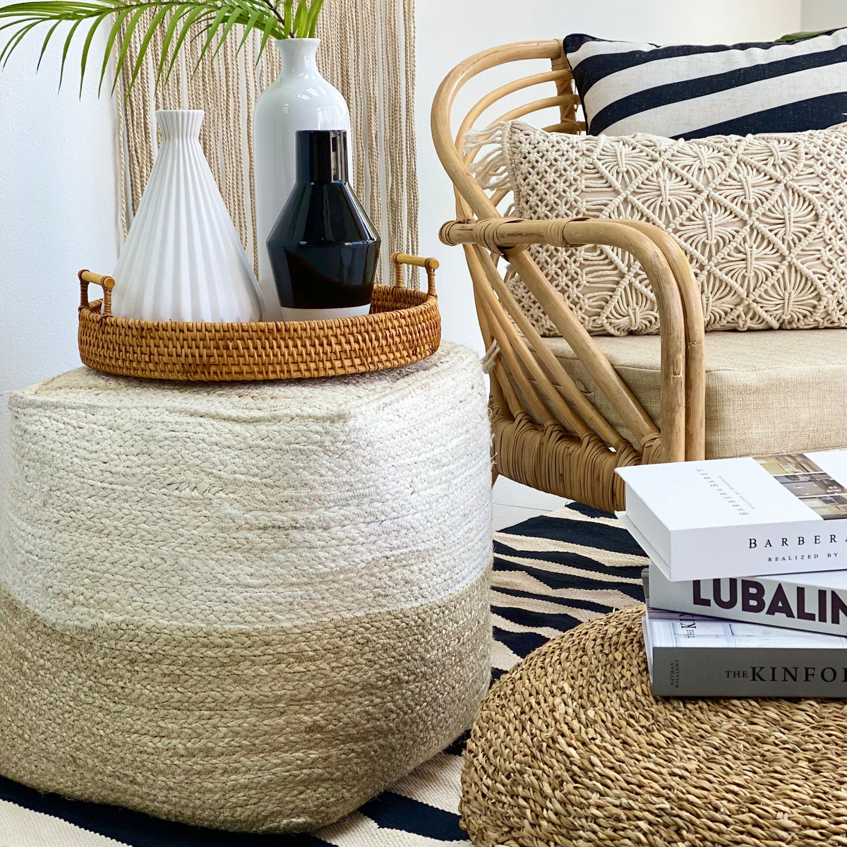 Jute and Coconut Ivory Natural Square Ottoman