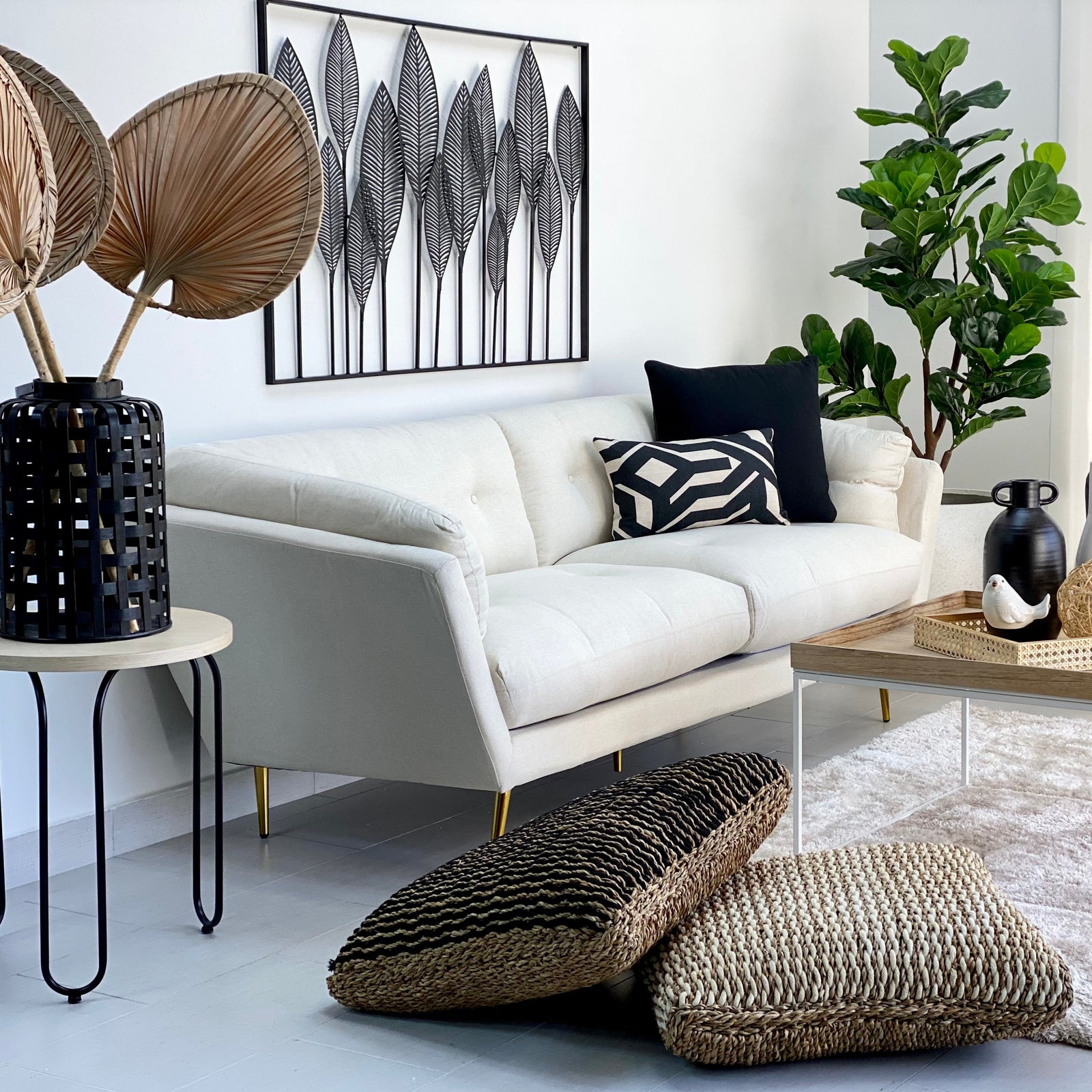 Sea Grass and Coconut White Natural Two Sides Capsule Pouf