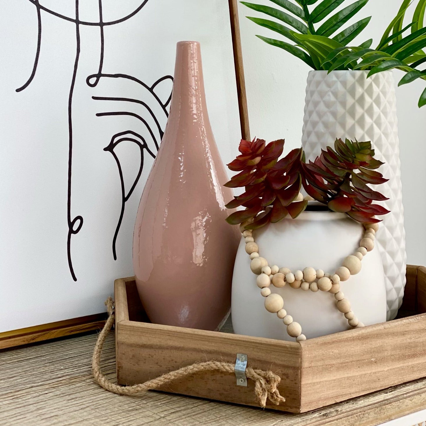 Hexagon Wooden Tray Metal Bottom