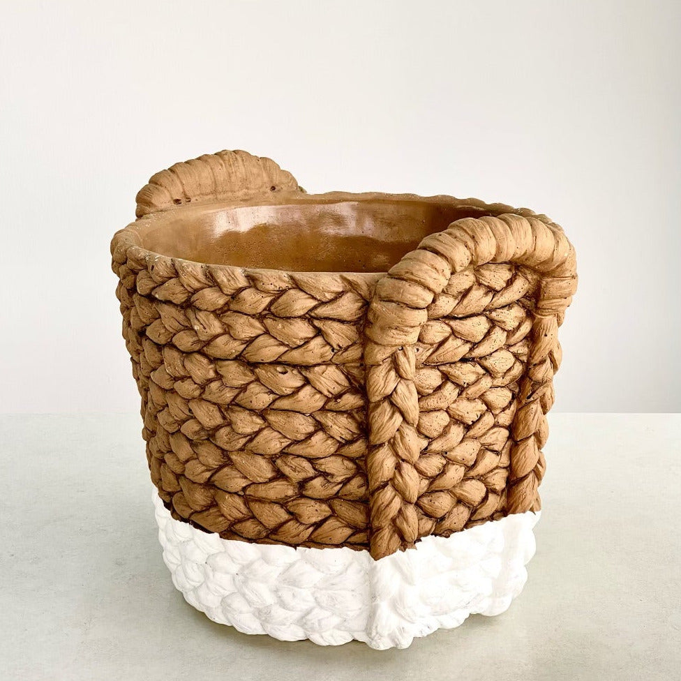 Cement Planter with Handles, White Line, and Rattan Design
