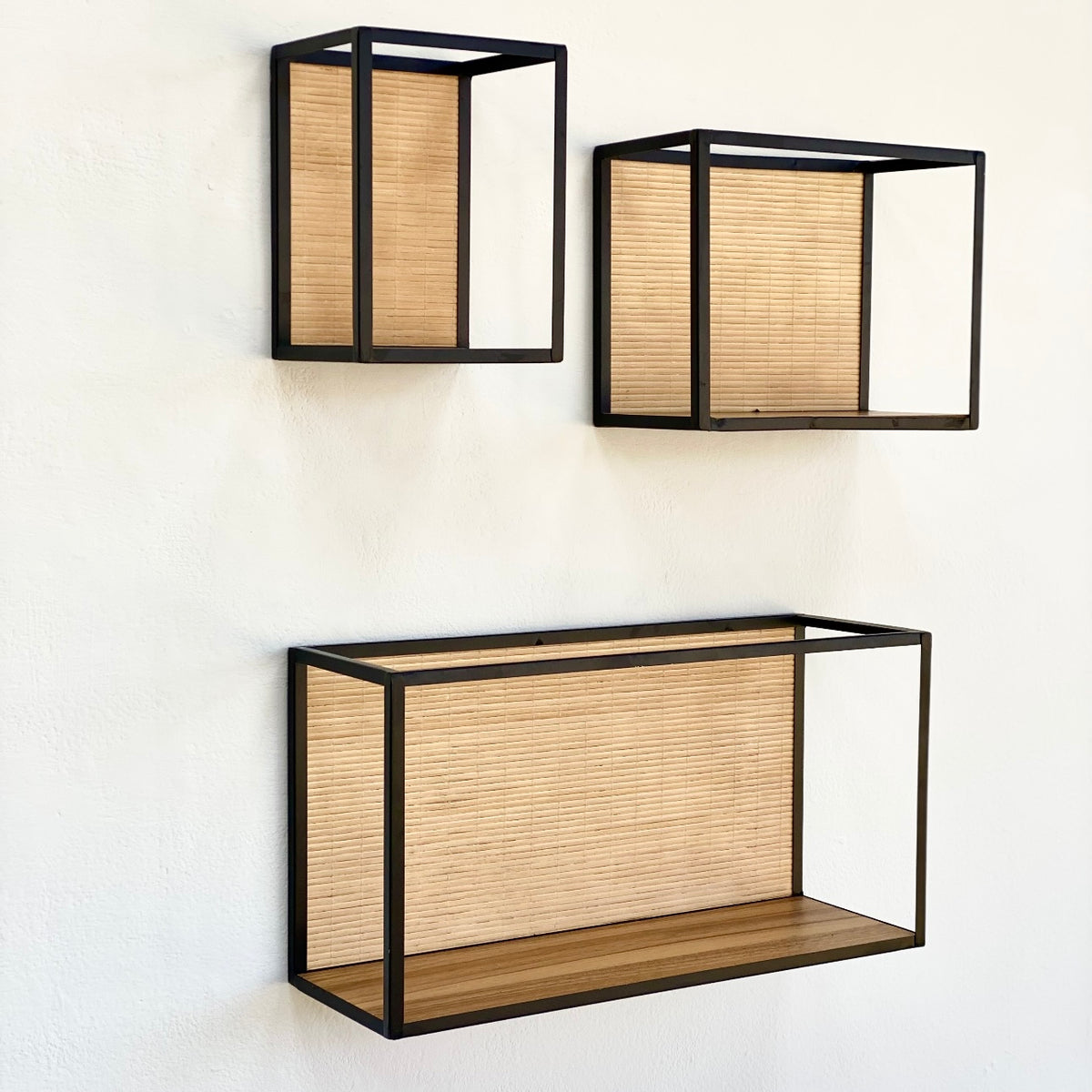 Rattan Back Wooden Shelves Set of 3