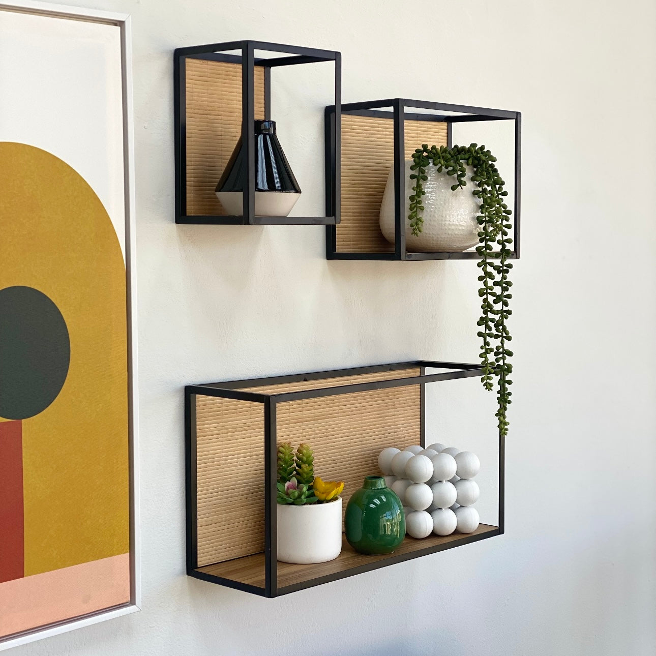 Rattan Back Wooden Shelves Set of 3