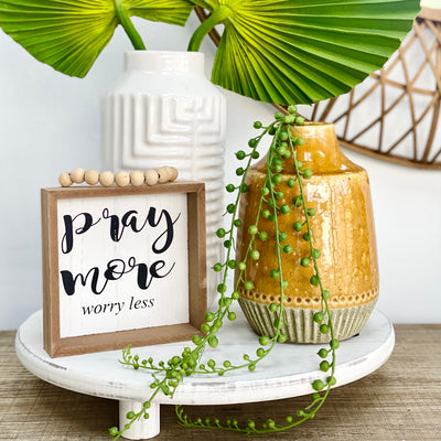 Pray More Wooden Table Top Sign With Wood Bead Hanger