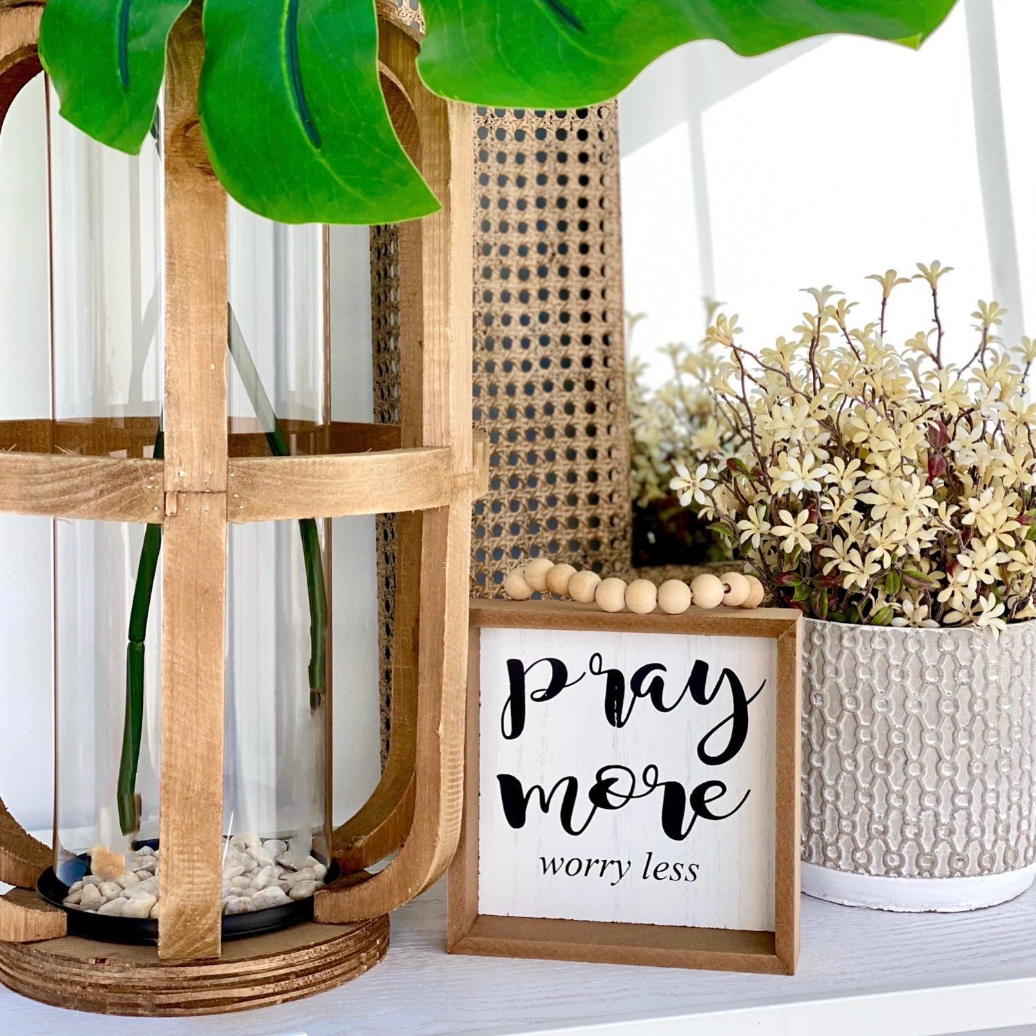 Pray More Wooden Table Top Sign With Wood Bead Hanger