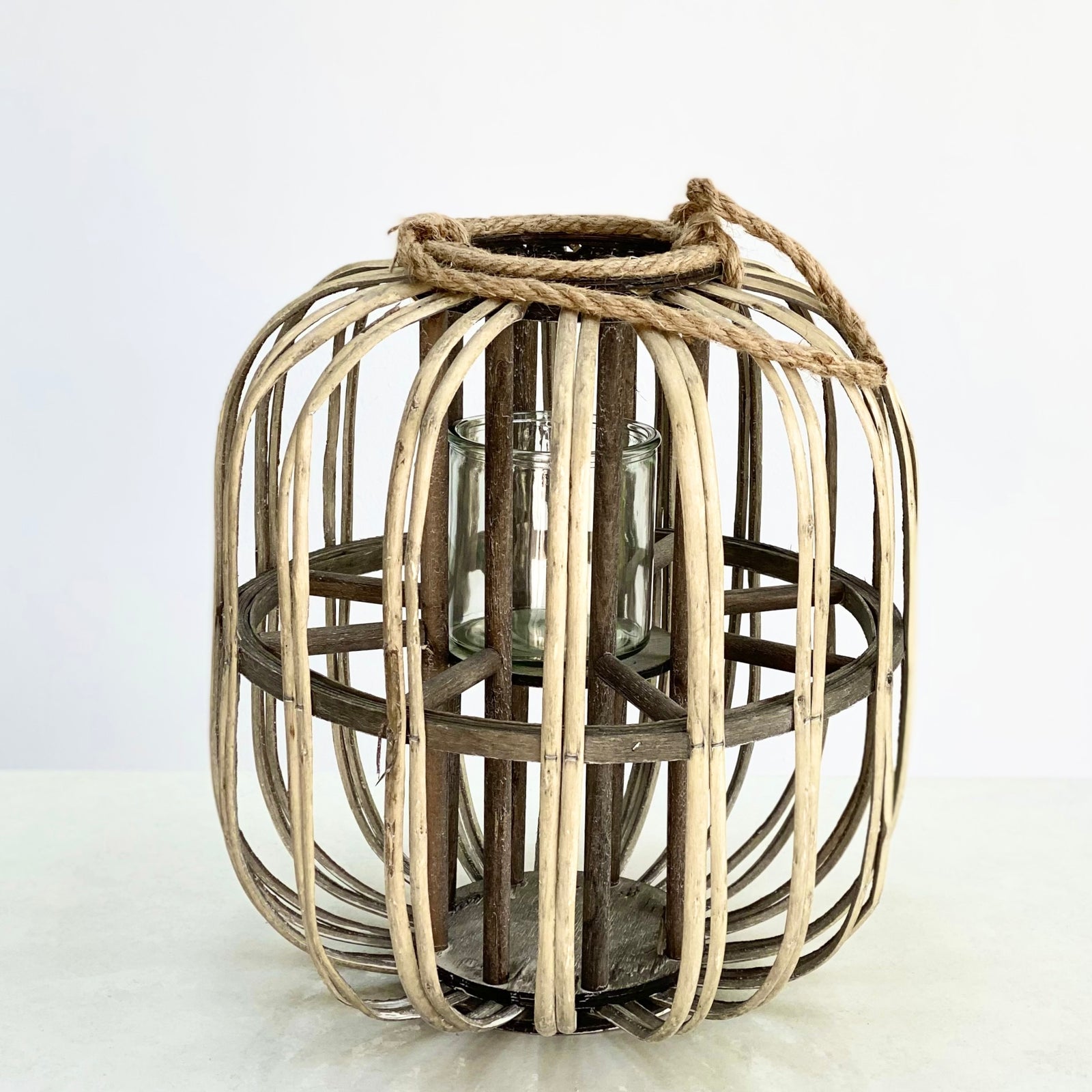 Big Bamboo Round Lantern Glass Candle Holder