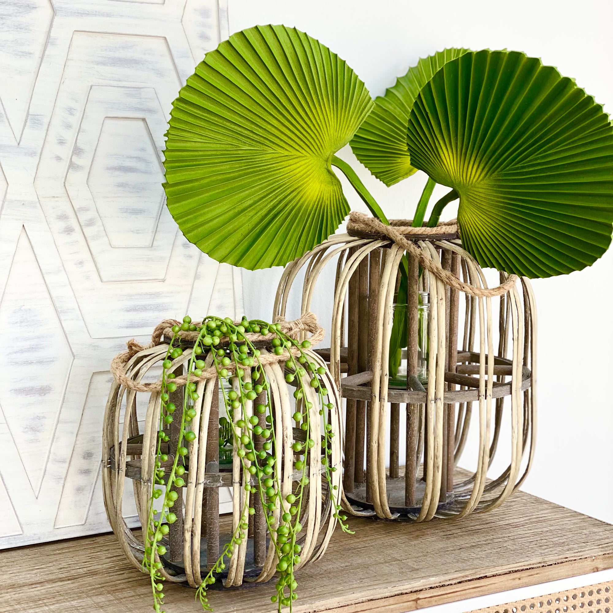 Small Bamboo Round Lantern Glass Candle Holder